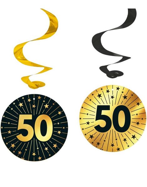 4 stk 50-Års Bursdag Hengende Swirls - Svart og Gull
