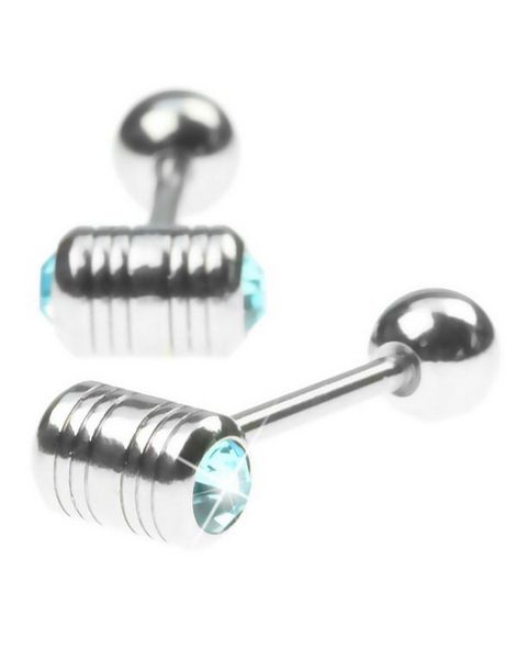 Tungpiercing med två Blå Stenar i Toppkulan