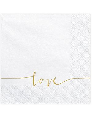20 stk Vita Servietter med Guldfärgad Love Text 33x33 cm