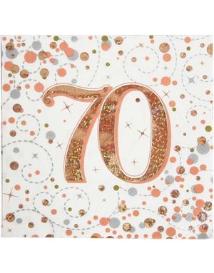 16 stk 70 Års Rosegullfarget Glitrende Bursdagsservietter 33x33 cm
