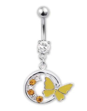 Söt Navelpiercing med Gul Fjäril & Stenar