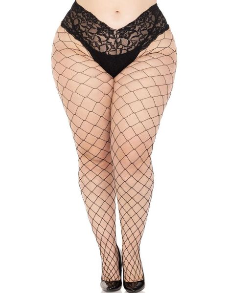 Svarta Strumpbyxor I Grovt Nätmönster Med Blonder Boyshorts-Topp - Plus Size