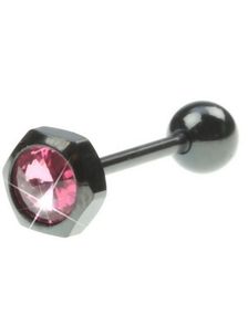 Svart Tungpiercing med Sexkantig Toppkula & Rosa Sten