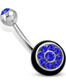 Silverfärgad Navelpiercing med Svart O-ring och Blå CZ-Stenar