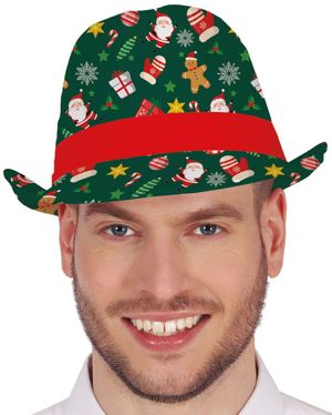 Grønn Fedorahatt med Julemotiver