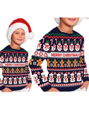 Blå "Merry Christmas" Jultröja med Olika Julmotiv för Barn