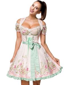 Lys Rosa Dirndl Oktoberfestkjole i Luksuskvalitet med Utformet Blomster på Forkle - S