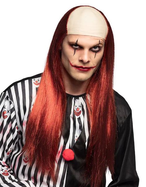 Killer Clown - Lang Rød Parykk med Skallet Panne