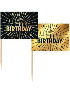 50 st Happy Birthday Mat/Kakflagga 6,5 cm - Svart och Guld