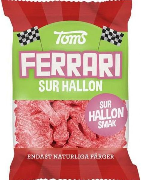 Toms Ferrari Sur Hallon - Bilformade Sura Gelégodisbitar med Hallonsmak 120 gram