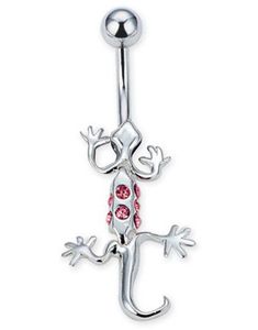 Salamander med Rosa Stenar & Rörliga Leder-  Navelpiercing i Äkta Silver