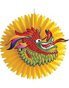 Gul Orientalisk Stor Pappersfläkt med Drake 55 cm