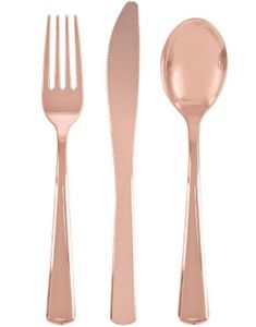 18-delars exklusiva återanvändbara roséguldfärgade spegelblanka plastbestick