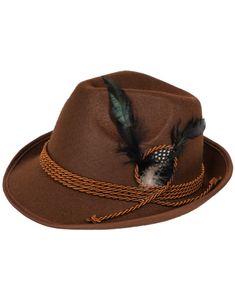 Brun Oktoberfesthatt / Tyrolerhatt med Rep och Fjäder