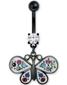 Söt Navelpiercing med Fjäril & Färgade Stenar - Svart/Vit