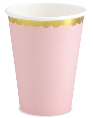 6 st. Ljusrosa färgad kartongmugg med guldkant 220 ml