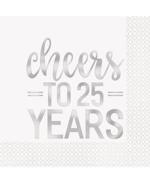 16 stk Servietter med Silverfärgad Cheers to 25 Years Text 33x33 cm