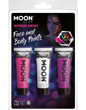 3 stk Neon UV/Blacklight Ansikts- och Kroppssmink i Rosa, Vit och Lila