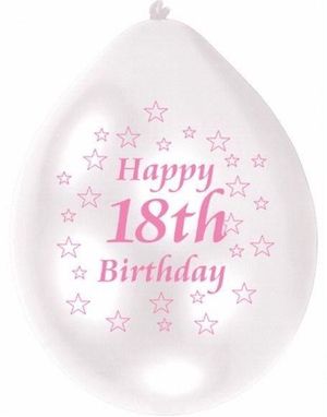 Happy 18th Birthday - 10 stk Hvite og Rosa Ballonger med Stjerner 23 cm