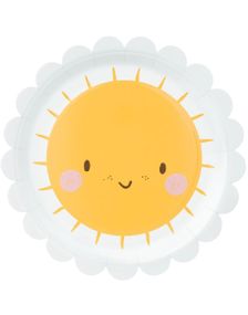 6 stk Hvite Små Papptallerkener med Søtt Sol-motiv 18 cm