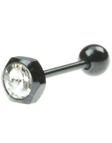 Svart Tungpiercing med Sexkantig Toppkula & Vit Sten