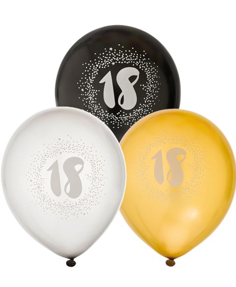 18 år - 6 stk Svarta, Silver- och Guldfärgade Ballonger 30 cm