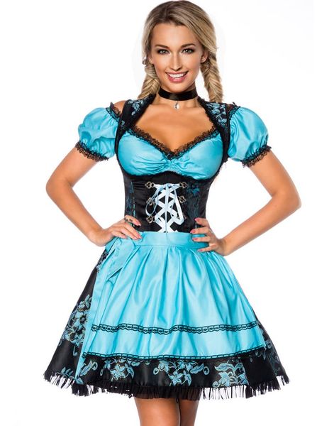 Svart Lyxig Dirndl Klänning med Blommönster i Blått