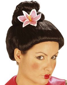 Svart Geisha Peruk med Topp och Blommor
