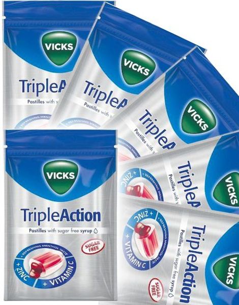 20 stk Vicks Triple Action - Sockerfria Halspastiller med Svartvinbär och Mentol - Hel Låda 1,44 kg