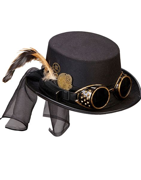 Svart Steampunk Flosshatt med Dekor och Bronsfärgade Goggles