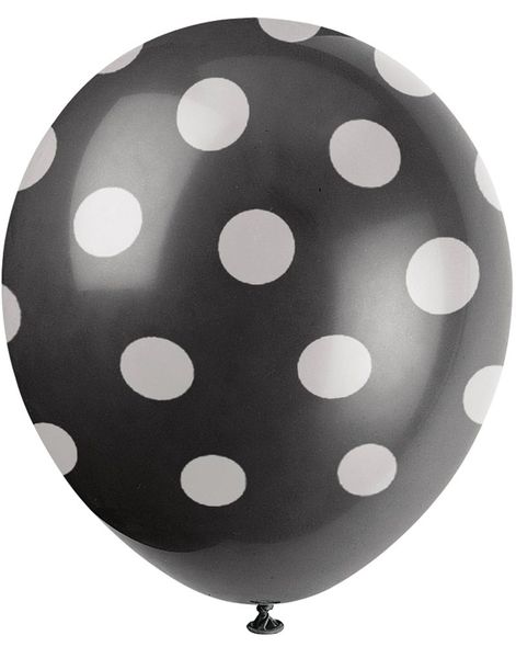 6 st Svarta Ballonger med Vita Polka Dots 30 cm