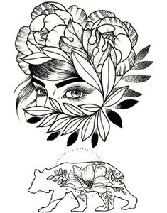 Flowered Woman & Bear - 2 stk Tatoveringer (Fake Tattoo)