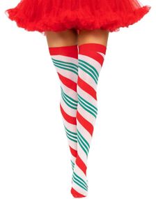 Juleinspirerte lårstrømper med røde og grønne båndstriper