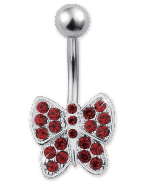 Fjäril m/Röda Stenar  - Navelpiercing i Äkta Silver