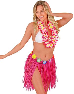 Hawaii Hula Kjol m/Blomster - 40 cm Rosa