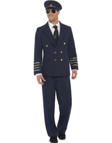 Mørkeblått Pilotkostyme med Gulldetaljer og Hatt til Mann