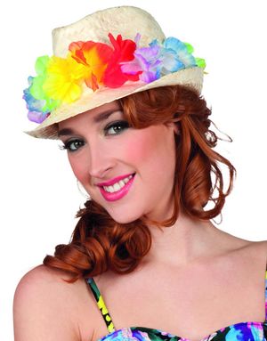 Flätad Beige Fedora med Hawaii-Blomster