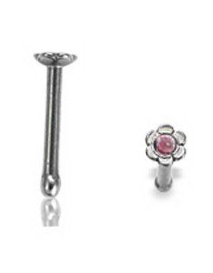 Rak Näspiercing med Blomformad Kula och Rosa Sten