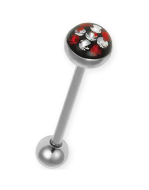 Tungpiercing med Röda och Vita Stenar i Kulan