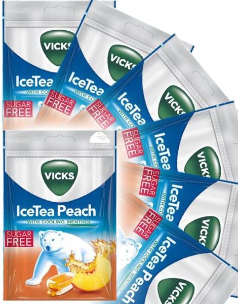 20 Vicks Pastiller med Ice Tea Peach Smak och Menthol (Sockefri) - Hel Låda 1,44 kg