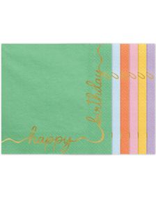 12 stk Flerfarget Servietter med Happy Birthday Gullskrift 33x33 cm