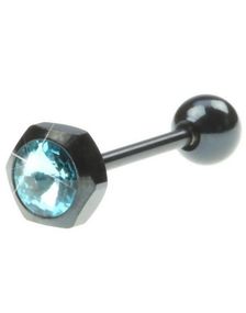Svart Tungpiercing med Sexkantig Toppkula & Blå Sten
