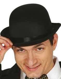 Svart Lux Bowlerhatt i Satin Pyntad med Band