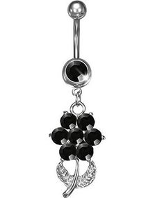 Läcker Navelpiercing med Hänge av Blommor och Svarta CZ-Stenar