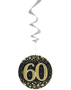 6 st 60-års Födelsedag Svart och Guldfärgade Holografiska Spiraler