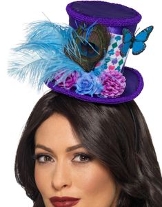 Fin Lila Mad Hatter Inspirerad Minihatt med Fjädrar och Blommor