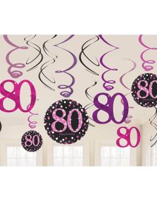 12 st 80-Års Födelsedag Svarta och Rosa Hängande Swirls