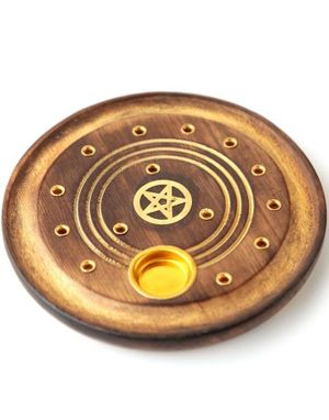 Rund Rökelsehållare i Mangoträ med Gyllene Pentagram - 10 cm