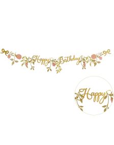 Gullfarget Happy Birthday Banner med Blomster 1.3 Meter