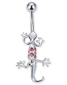 Salamander med Rosa Stenar & Rörliga Leder- Navelpiercing i Äkta Silver
